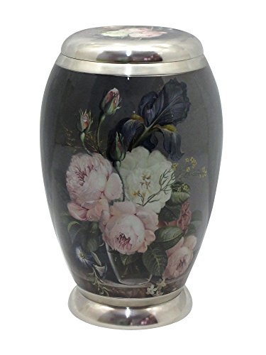 Beautiful Brass Rose Grayish Blue Cremation Urn, Memorial Adult Human Urn with Velvet Bag