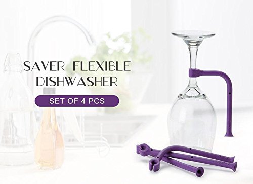 (4 Pack) Tether Stemware Saver Set -Flexible Dishwasher Stabilizer Holder for Wine Glasses-Purple