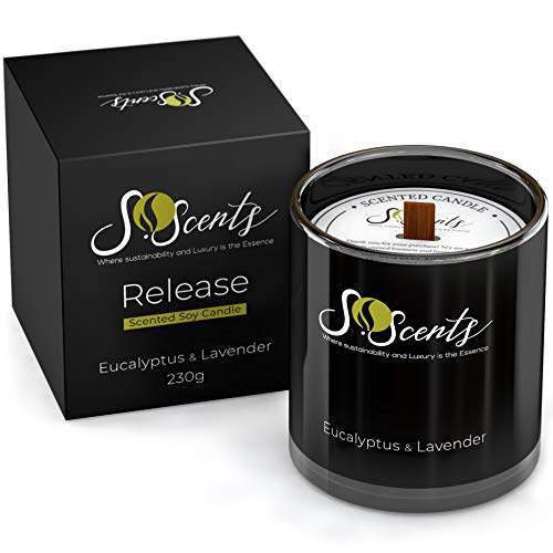 Natural Organic Non Toxic Scented Soy Candles | Vegan Wood Wick Long Lasting Hand Poured Soy Candle | Aromatherapy Gluten Free with Essential Oil Scent and Luxury (Eucalyptus & Lavender)