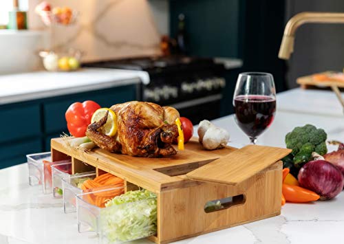 Large bamboo cutting board with trays/drawers/container and bamboo lids, Chopping board with juice grooves, handles & food sliding opening, cutting board with 4 trays for easy food prep and cleanup