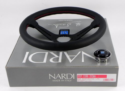 Nardi Steering Wheel - Deep Corn - 350mm (13.78 inches) - Black Perforated Leather with Red Stitching - Classic Horn Button - Part # 6069.35.2093