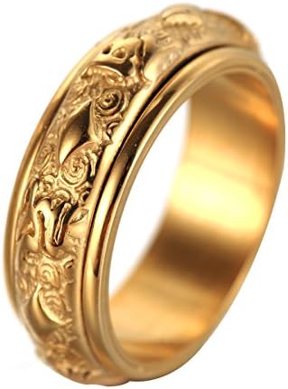 EZSONA Men's Stainless Steel Gold Retro Tibetan Buddha 6 True Syllable Mantra Spinner Ring Size 8
