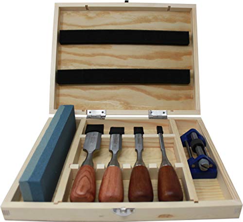 6 Piece Premium Rosewood Woodworking Chisel Set with 4 Chisels, Honing Guide, Sharpening Stone and Wooden Storage Box