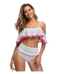 Traje de baño de dos piezas con volantes y cintura alta para dama