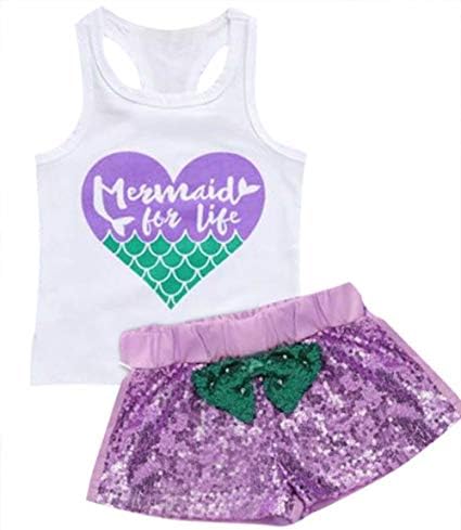Kids Baby Girls Mermaid for Life Graphic Tank Tops Racerback Bowknot Sequins Shorts Summer Beach 2Pcs Set