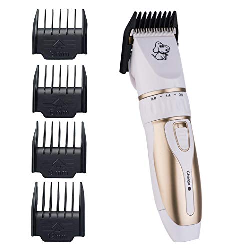 Otstar Dog Clippers,Low Noise Rechargeable Cordless Pet Dog and Cat Grooming Clippers Kit Set Tools with 2 Batteries,P3(White and Gold)