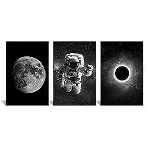 3 Panel Canvas Wall Art - Space Theme with Astronaut and The Moon in Black and White - Giclee Print Gallery Wrap Modern Home Art Ready to Hang - 16"x24" x 3 Panels