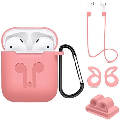 Compatible Airpods Charging Case, Jinxtech 5 in 1 Airpods Accessories Kits, Silicone Protective Skin and Cover for Apple Airpods with Ear Hook, Anti-Loss Strap, Watch Band Holder and Keychain(Pink)