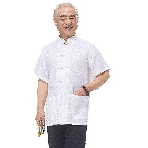 FangNer Men's Cotton Linen Short Sleeve Tang Suit Stand Up collar Leisure The Elderly TaiChi Shirts