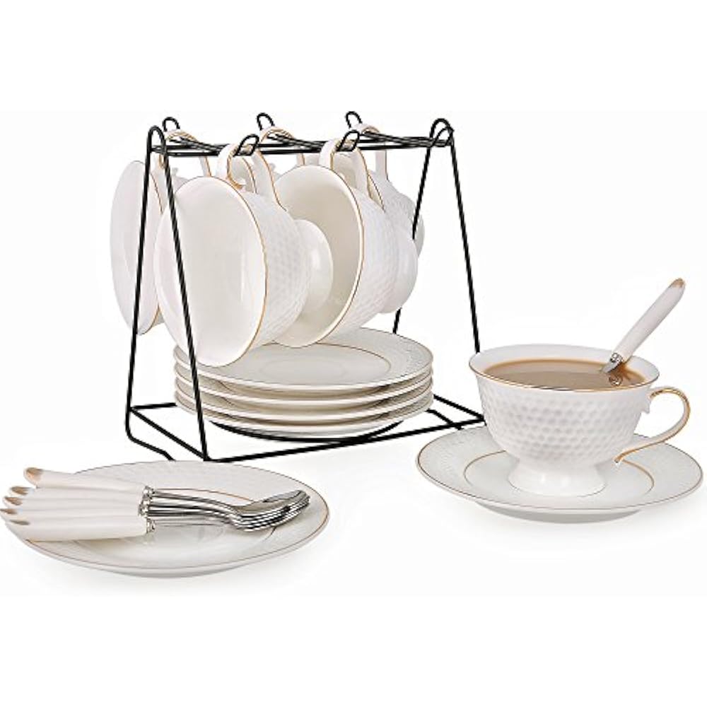 White Cup & Saucer Sets Porcelain Tea Of 6 With Rack, 8 Oz Coffee Cups