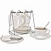 Kendal White Porcelain Tea Set of 6 with Rack, 8 oz Coffee Cups Set, Bone China Tea Cups and Saucers Sets with Gold Trim GLF