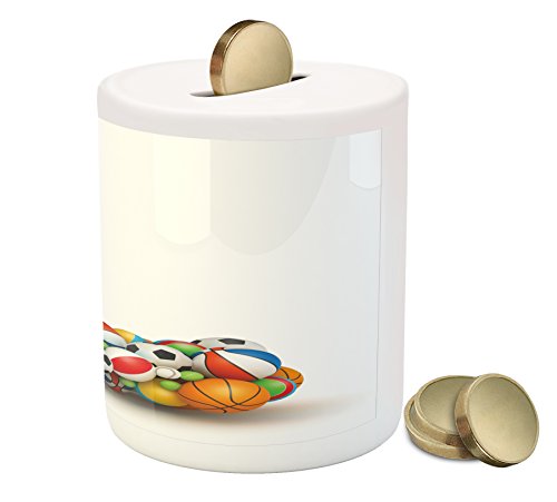 Letter L Piggy Bank by Ambesonne, Basketball Football Volleyball Tennis Athleticism Teamplay Motivation Theme Print, Printed Ceramic Coin Bank Money Box for Cash Saving, Multicolor