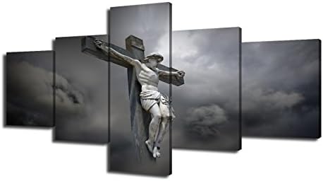 Rustic Home Decor Jesus Christ Dying on the Cross Prints on Canvas Painting Wall Art,5 PCS Artwork Christian Religion Giclee Picture for Living Room,Framed Gallery-wrapped Ready to Hang(50''Wx24''H)