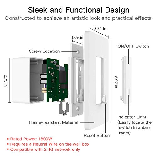 3-way Smart Light Switch,Treatlife WiFi Light Switch Single Pole/3-way Switch Works With Alexa, Google Assistant and IFTTT, Remote Control, ETL, Schedule, No Hub Required, Neutral Wire Required,4 PACK