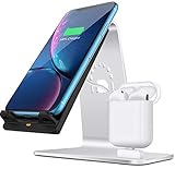 Bestand 2 in 1 Qi Wireless Charger, Wireless Charging Stand/Dock/Holder/Station Compatible with Airpods/iPhoneX/XS/XS Max/XR/8/8 Plus/Samsung Galaxy S10/S9/S9+, Silver