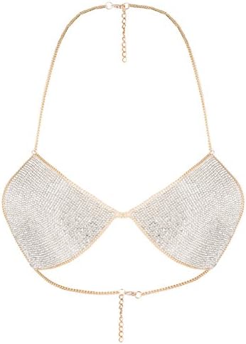 lan27 Sexy Women Nightclub Bling Crystal Bra Party Body Jewelry Bikini Beach Harness Slave Gold Color Necklace Bra