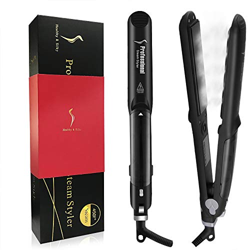 Steam Straighteners for Hair, DORISILK Professional Salon Ceramic Tourmaline Vapor Steam Flat Iron Hair Straightener, Dual Voltage 2 in 1 Straightening Curling, LED Display with Adjustable Temp.