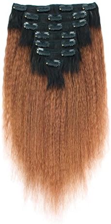 AmazingBeauty 8A Kinkys Straight Blow Out Ombre Remy Clip in Extensions Double Weft Real Remy Human Hair for Black Women, Natural Black Fading into Light Auburn 7 Pieces, 120 Grams, KS TN-30, 16 Inch