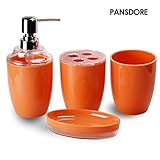 Pansdore 4 Piece Bath Accessory Set - Bathroom Accessories Collection Set - Soap Pump/Toothbrush Holder/Tumbler/Soap Dish (orange)