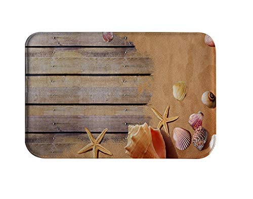 Beach Kitchen Rugs, Goodbath Seastar Shell Conch on Ocean Beach Sand Wooden Board Non Slip Bath Rug Set 2 Piece, 16” x 48” and 16” x 24”, Brown