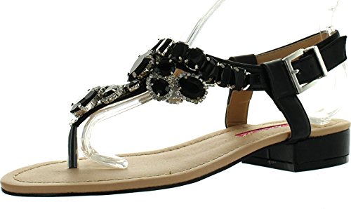 C LABEL Cabana-11 Womens Rhinestone T-Strap Slingback Flat Summer Sandals,Black,7