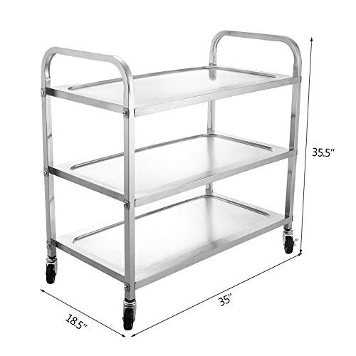 OrangeA Utility Cart 3 Shelf Utility Cart on Wheels 330Lbs Stainless Steel Cart Commercial Bus Cart Kitchen Food Catering Rolling Dolly (3 Shelf) - Thumbnail 2