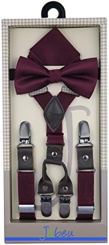 Jabeu Elastic ¾ Inch Skinny Fashion Suspenders Features Genuine Leather Tips, with Polyester Design Pocket Square and Pre-Tied Bow Tie Gift Set, Unisex. Men Boys Girls and Toddlers - Burgundy - Kids: 9M - 4Y