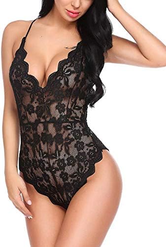 Loveje Women Teddy Lingerie One Piece Babydoll Halter Lace Mini Bodysuit