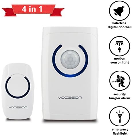 Vodeson HD01 4-in-1 Wireless Doorbell Operating Over 500-feet Range with 36 Chimes; Extra Functions with Security Burglar Alarm, Motion Sensor Light and Emergency Flashlight by Vodeson