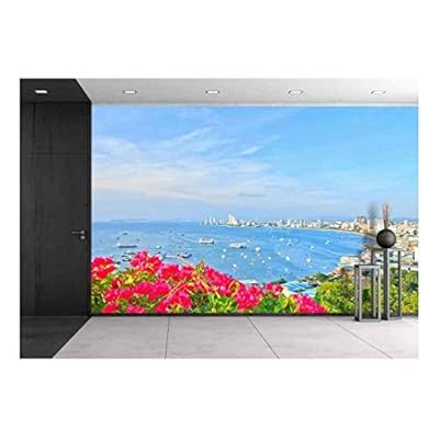 a Bird's View Over The Beach of Pattaya City in Chonburi Evening and Front Flower, Thailand - Removable Wall Mural | Self-Adhesive Large Wallpaper - 100x144 inches