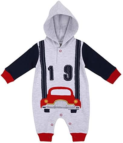 WONDERCHILD Infant Baby boy Girl Long Sleeves Stripped Printed Romper with Hood | one-Piece Jumpsuit(9-12 Months, Grey & Blue)