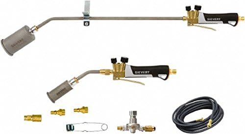 8 Piece Torch Kit Includes 32 Inch 375k BTU Torch, 18 Inch 88k BTU Torch, 27-60 PSI Adjustable Regulator, 25 Ft. Hose, 2 Male Quick Disconnects, Female Quick Disconnect, Flint Striker, 8 Piece Kit