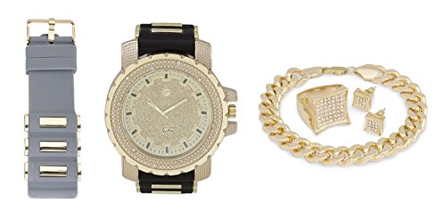 Techno Pave Iced Out Watch + Interchangeable Band + Cuban Bracelet + Iced Out Earrings & Ring [Gift Set]