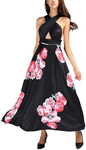Atbyssic Women's Transformer/Infinity Multi-way Convertible Wrap Print Party Maxi Long Dress (Medium, Black)