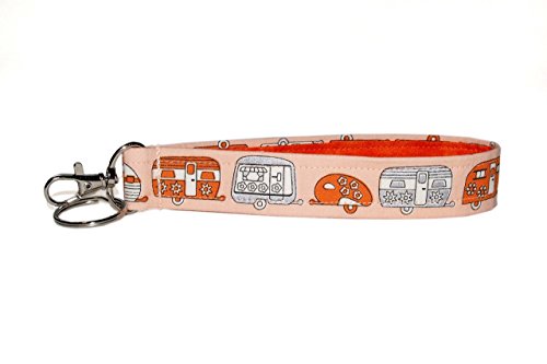 Camping Key Fob Wristlet - Camper Keychain - Retro Orange & Silver - RV Accessories - Wallet Strap