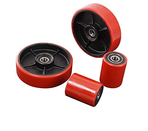 Pallet Jack Truck Replacement Wheel Kit with Sealed Precision Bearings 7"x2" Steer Wheel 3-9/16"x 2-15/16" Load Wheel Poly Tread Red