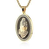 HZMAN Mens GOLD BLESS ALL 18K Gold Plated Prayer Hand Stainless Steel Oval Medal Pendant Necklace