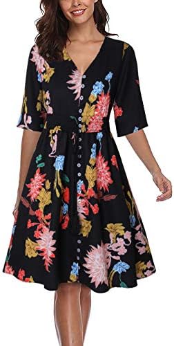 CHUNNA Women's Boho Floral Button up Half Sleeve Flowy Party Dress