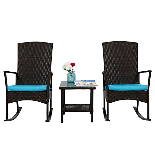 Peach Tree Rattan Rocker Chair Outdoor Garden Rocking Chair Wicker Lounge w/Turquoise Cushion and Tea Table