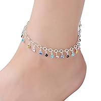 HUAhuako Tassel Chain Ankle Bracelet, Shiny Colorful Rhinestone Anklet Women Beach Jewelry Silver