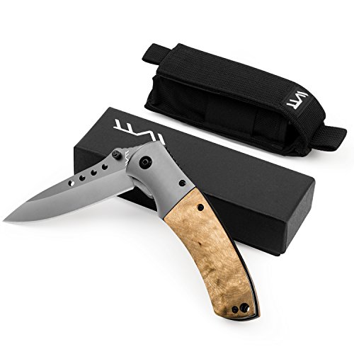 Naturous Folding Pocket Knife, Titanium Gray Outdoor Tactical Knife, Natural Wooden Handle with Nylon Sheath Survival Knife, Liner Lock Hunting Knife - Thumbnail 5