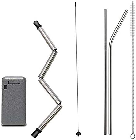 5pcs /Set Stainless Steel Straws Reusable + Foldable Drinking Straws Metal Drinking Straws with 2 Cleaning Brush for Smoothie, Milkshake, Cocktail and Hot Drinks (B)