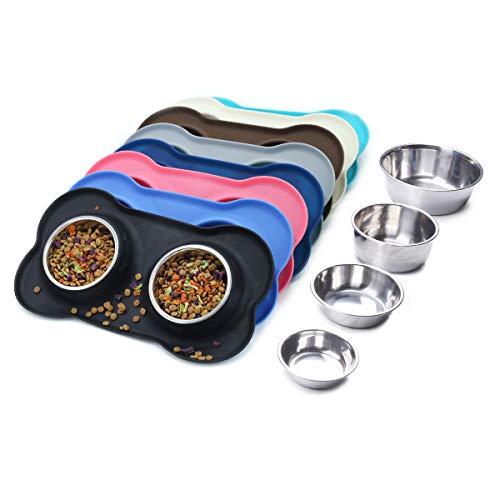 VIVAGLORY Dog Bowls Stainless Steel Water and Food Bowl Pet Cat Feeder with Non Spill Skid Resistant Silicone Mat, Small, Black