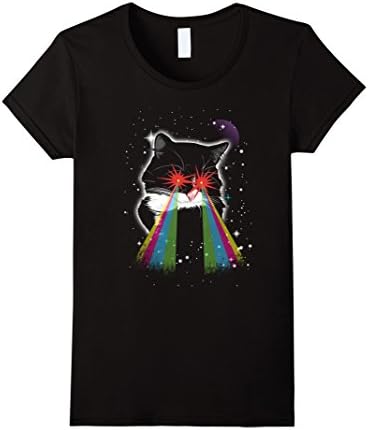 Women's Cool Black Cat Galaxy Print with Rainbow Lazer Eyes T-Shirt  XL Black