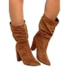 Womens-Winter-Slouchy-High-Heel-Boots-Mid-Calf-Suede-Slip-on-Chunky-Block-Pointed-Toe-Boots