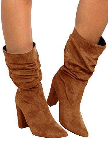 Womens-Winter-Slouchy-High-Heel-Boots-Mid-Calf-Suede-Slip-on-Chunky-Block-Pointed-Toe-Boots
