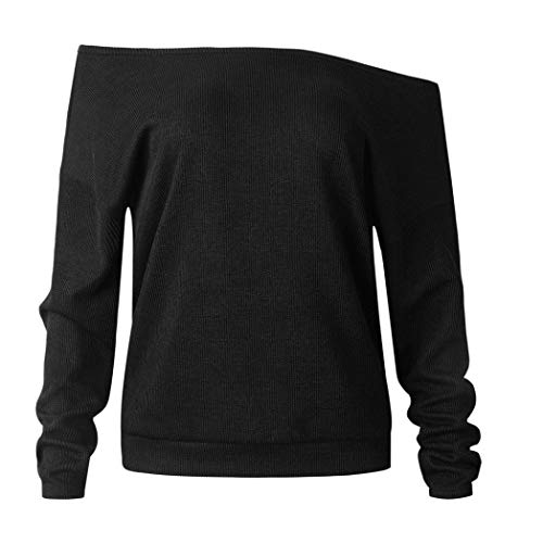 FEITONG Women Knitted Long Sleeve Off Shoulder T-shirt Tops Sweater Blouse(L,Black) - Thumbnail 3