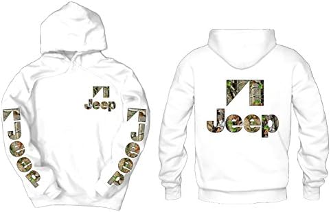 Jeep Camo Front, Back, &amp; Sleeves Logos Hoodie, Large White