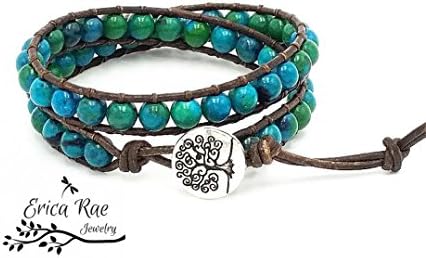 Chrysocolla Azurite gemstone leather double wrap tree of life bracelet