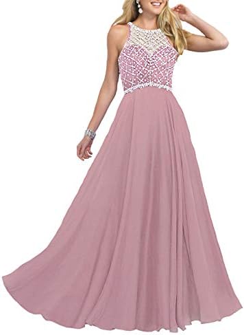 Firose Women's Long Prom Dresses 2019 Scoop Neckline Beaded A Line Formal Dress